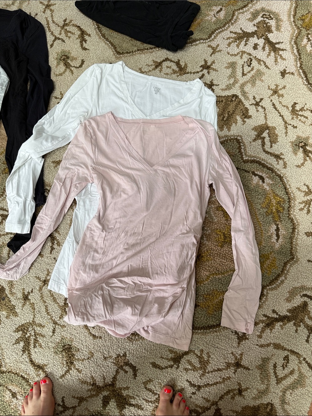 Soft V-Neck Long Sleeve Tee - Light Pink and White